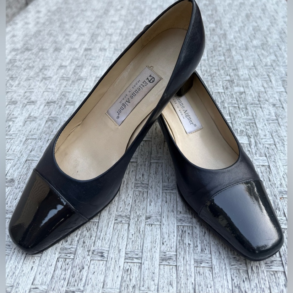 ETIENNE Aigner Vintage Black Leather Patent Cap Toe,Block Heel,Made in Spain,6.5